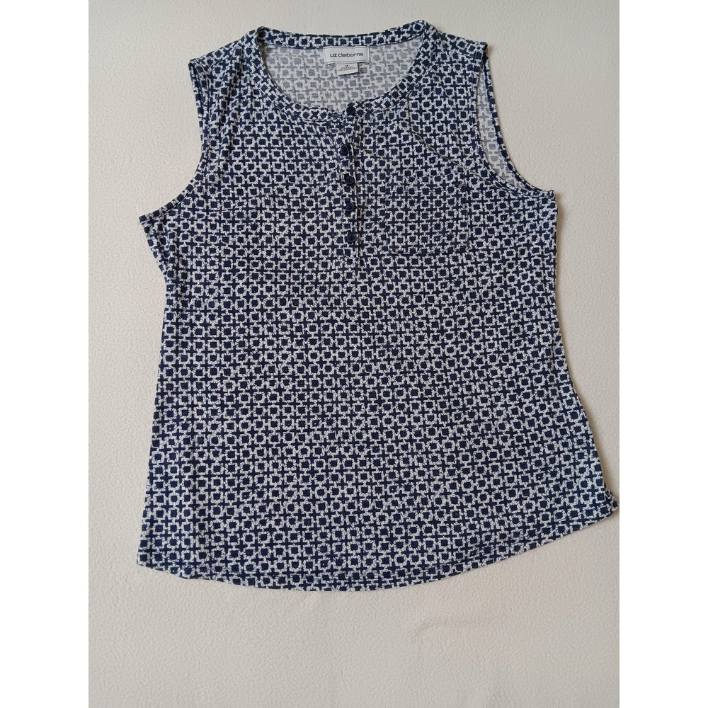 Liz Claiborne Tank Womens M Blue Geometric Henley Button Jersey Lightweight